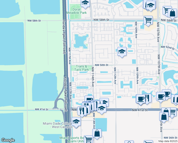 map of restaurants, bars, coffee shops, grocery stores, and more near 4877 Northwest 114th Court in Doral