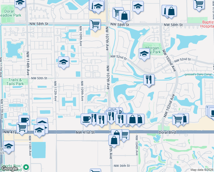 map of restaurants, bars, coffee shops, grocery stores, and more near 4891 Northwest 107th Court in Doral