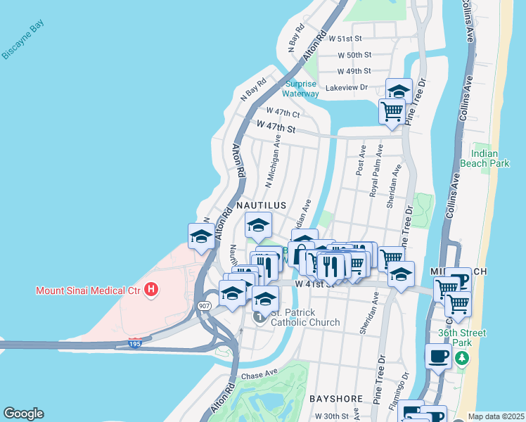 map of restaurants, bars, coffee shops, grocery stores, and more near 4425 North Michigan Avenue in Miami Beach