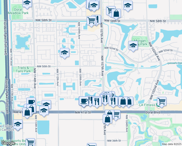 map of restaurants, bars, coffee shops, grocery stores, and more near 4896 Northwest 107th Passage in Doral