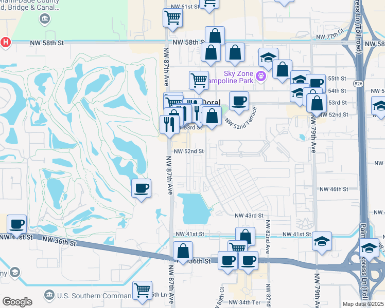 map of restaurants, bars, coffee shops, grocery stores, and more near 5189 Northwest 85th Avenue in Doral
