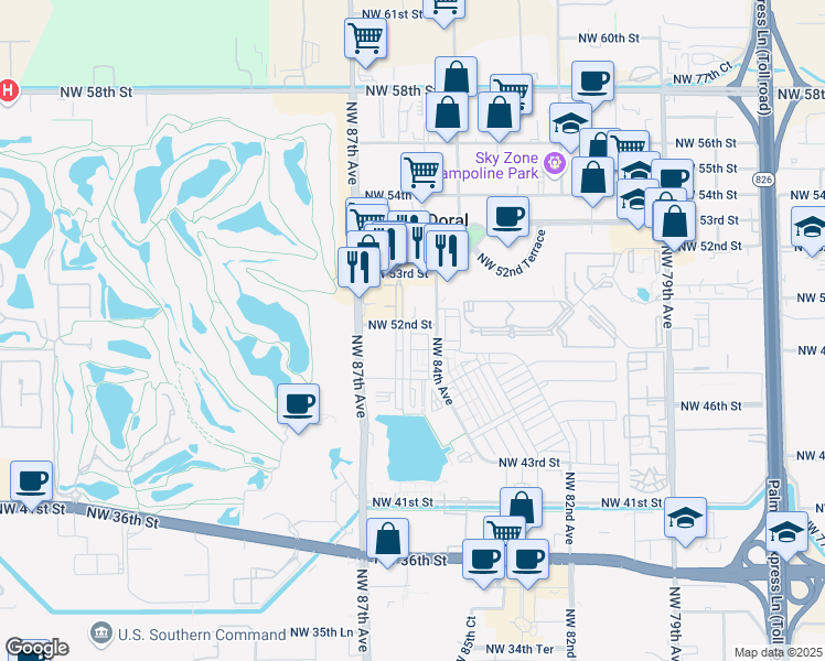 map of restaurants, bars, coffee shops, grocery stores, and more near 8478 Northwest 52nd Street in Doral