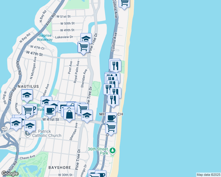 map of restaurants, bars, coffee shops, grocery stores, and more near 4441 Collins Avenue in Miami Beach
