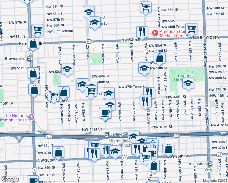 map of restaurants, bars, coffee shops, grocery stores, and more near 1923 Northwest 47th Street in Miami