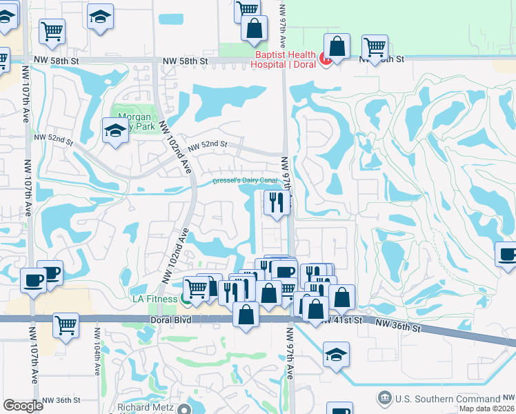 map of restaurants, bars, coffee shops, grocery stores, and more near 4869 Northwest 97th Place in Doral