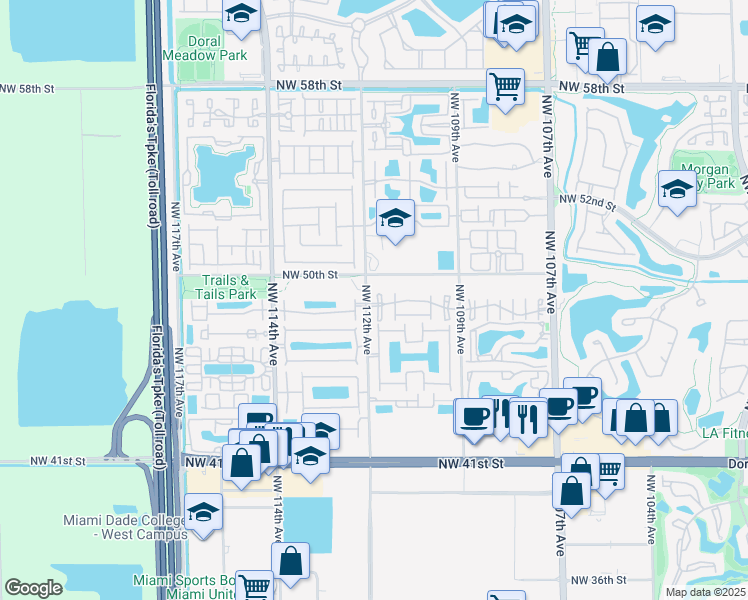 map of restaurants, bars, coffee shops, grocery stores, and more near 4890 Northwest 111th Court in Doral