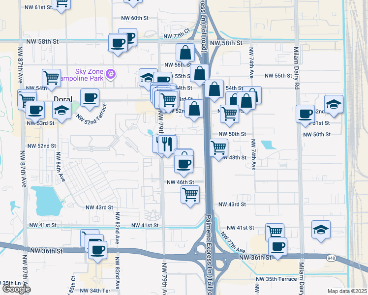 map of restaurants, bars, coffee shops, grocery stores, and more near 7785 Northwest 48th Street in Doral