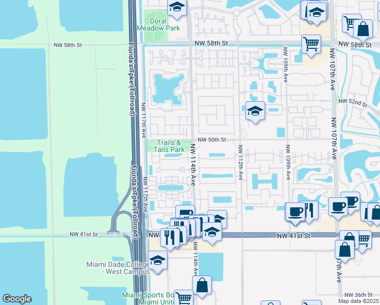 map of restaurants, bars, coffee shops, grocery stores, and more near 4877 Northwest 114th Court in Doral