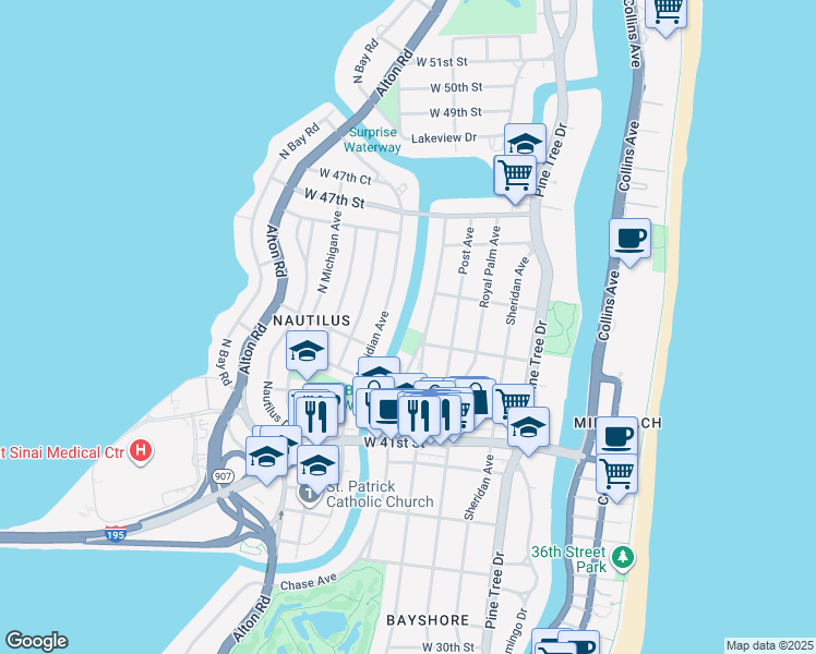 map of restaurants, bars, coffee shops, grocery stores, and more near 4485 Meridian Avenue in Miami Beach