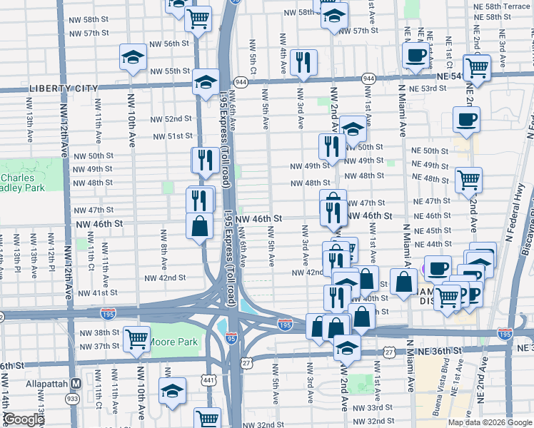 map of restaurants, bars, coffee shops, grocery stores, and more near 4605 Northwest 5 Avenue in Miami