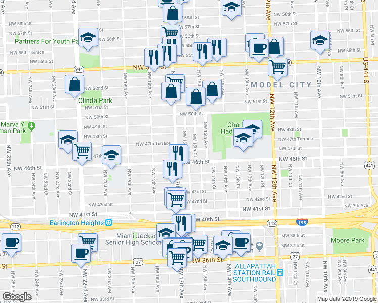 map of restaurants, bars, coffee shops, grocery stores, and more near 4656 Northwest 15th Court in Miami
