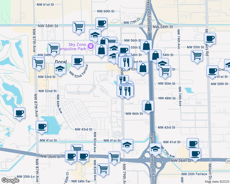 map of restaurants, bars, coffee shops, grocery stores, and more near 4810 Northwest 79th Avenue in Doral