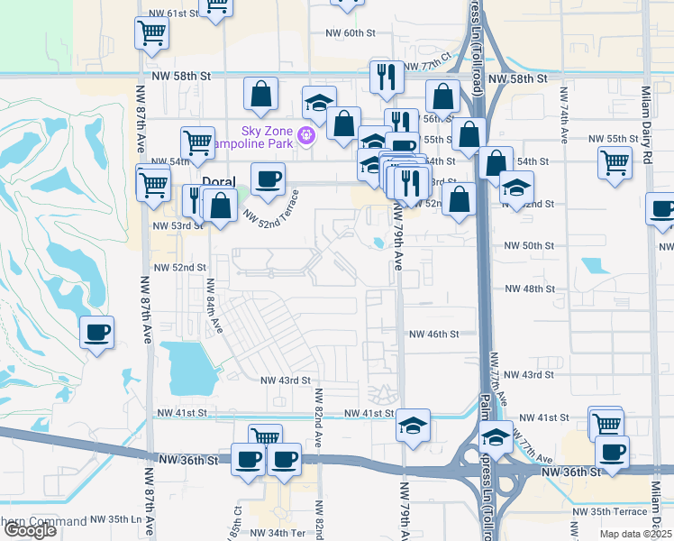 map of restaurants, bars, coffee shops, grocery stores, and more near 8100 Geneva Court in Doral