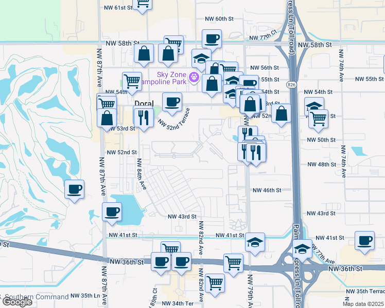 map of restaurants, bars, coffee shops, grocery stores, and more near 8100-8180 Geneva Court in Doral