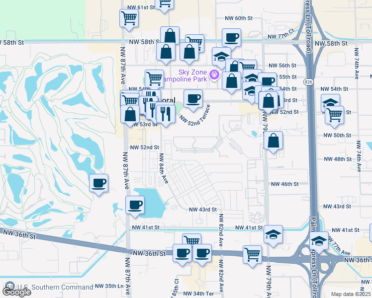 map of restaurants, bars, coffee shops, grocery stores, and more near 8333 Lake Drive in Doral