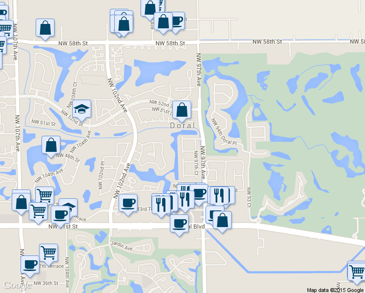 map of restaurants, bars, coffee shops, grocery stores, and more near 4869 Northwest 97th Place in Doral