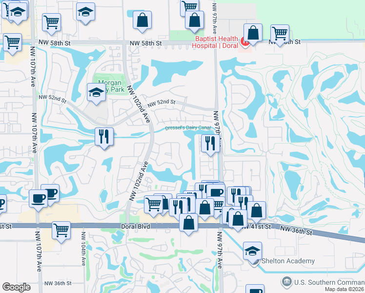 map of restaurants, bars, coffee shops, grocery stores, and more near 4835 Northwest 98th Place in Doral