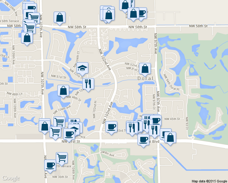 map of restaurants, bars, coffee shops, grocery stores, and more near 4900 Northwest 99th Place in Doral