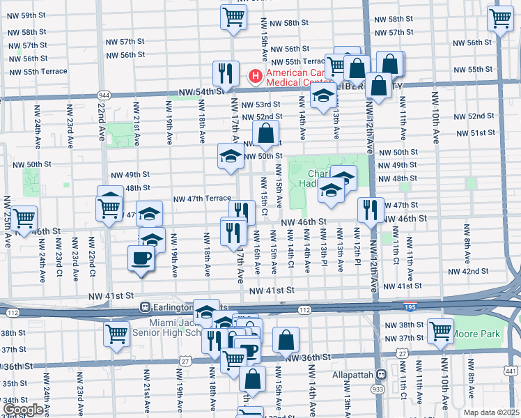 map of restaurants, bars, coffee shops, grocery stores, and more near 4656 Northwest 15th Court in Miami