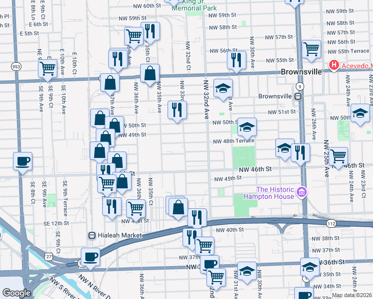 map of restaurants, bars, coffee shops, grocery stores, and more near 3255 Northwest 48th Street in Miami