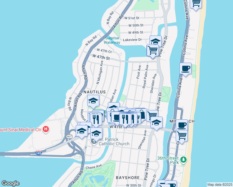 map of restaurants, bars, coffee shops, grocery stores, and more near 4485 Meridian Avenue in Miami Beach