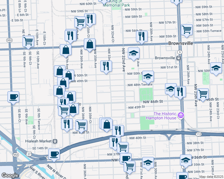 map of restaurants, bars, coffee shops, grocery stores, and more near 3255 Northwest 48th Street in Miami
