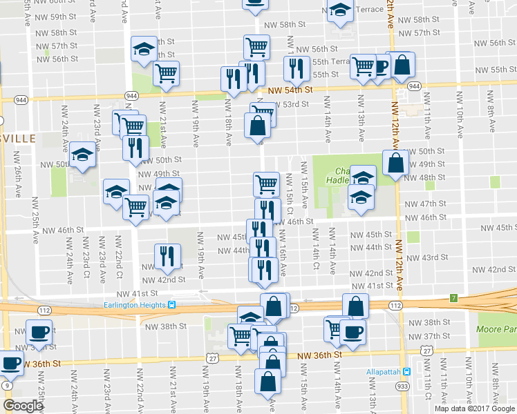 map of restaurants, bars, coffee shops, grocery stores, and more near 1701 Northwest 47th Street in Miami