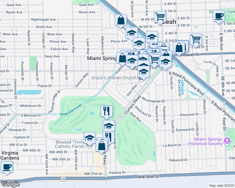 map of restaurants, bars, coffee shops, grocery stores, and more near 142 Pinecrest Drive in Miami Springs