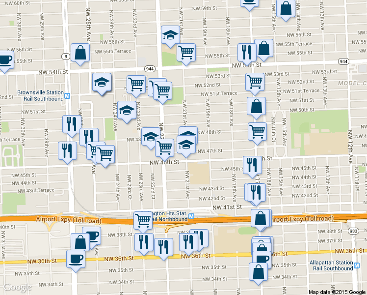 map of restaurants, bars, coffee shops, grocery stores, and more near 4718 Northwest 21st Avenue in Miami