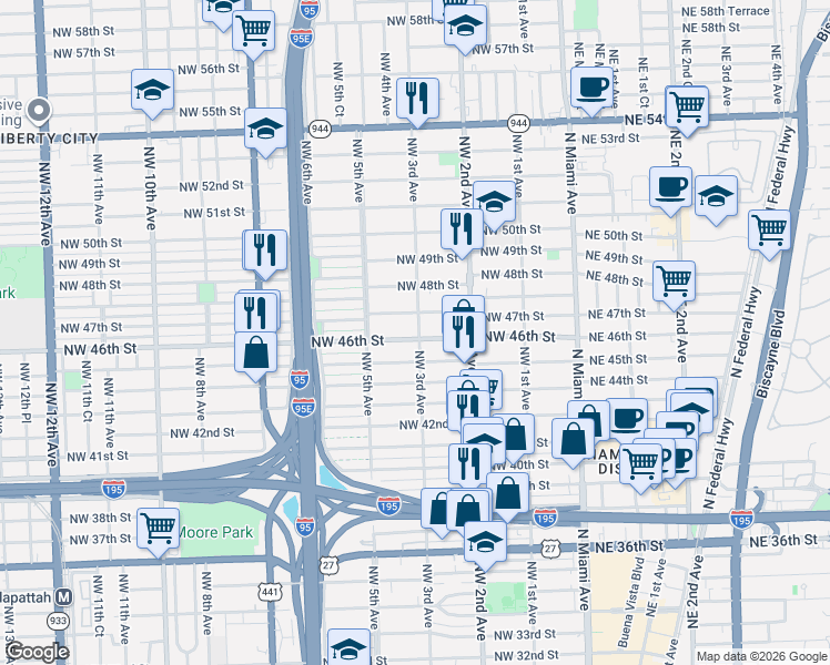 map of restaurants, bars, coffee shops, grocery stores, and more near 4600 Northwest 3rd Avenue in Miami