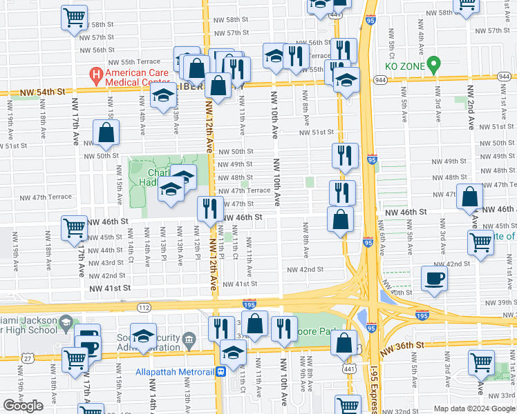 map of restaurants, bars, coffee shops, grocery stores, and more near 1026 Northwest 47th Street in Miami