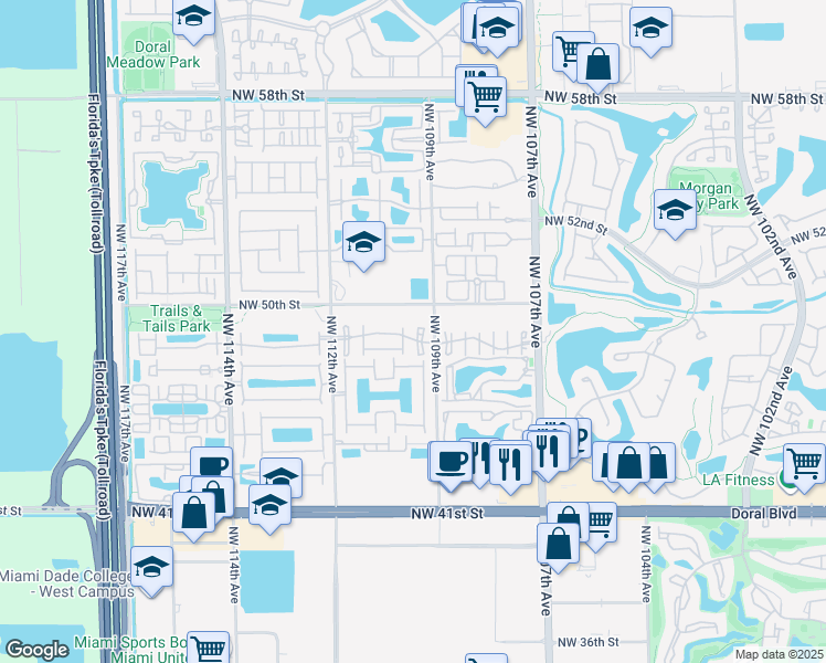 map of restaurants, bars, coffee shops, grocery stores, and more near 4882 Northwest 109th Place in Doral