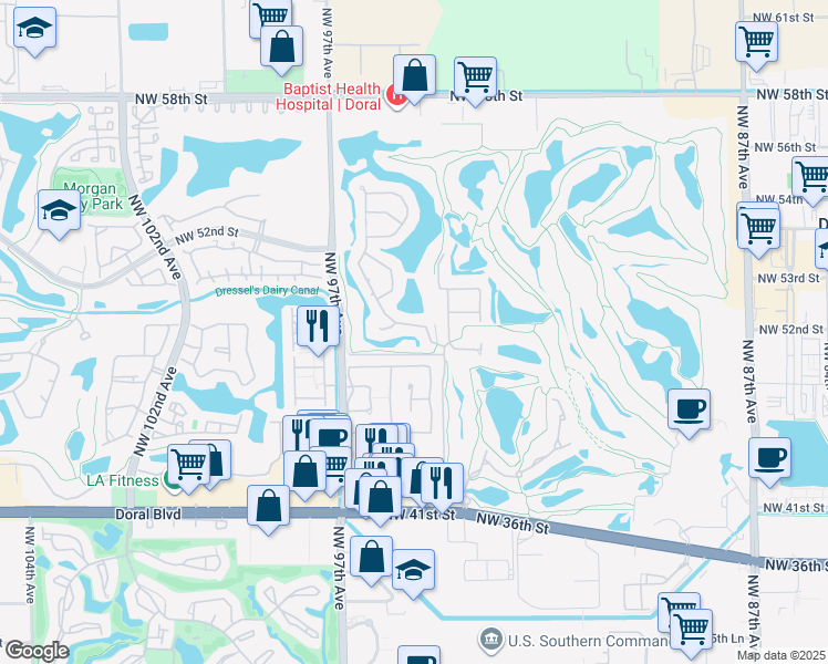 map of restaurants, bars, coffee shops, grocery stores, and more near 4934 Northwest 94th Doral Place in Doral