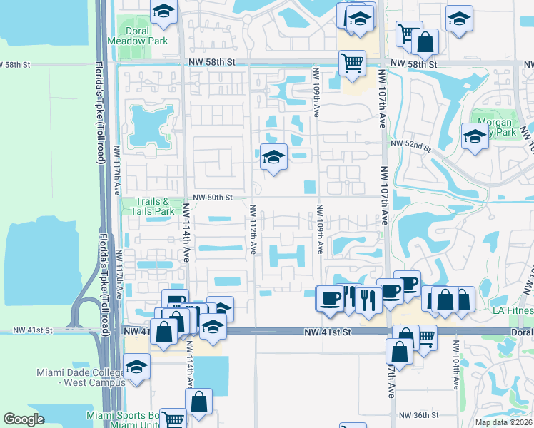 map of restaurants, bars, coffee shops, grocery stores, and more near 4881 Northwest 111th Avenue in Doral