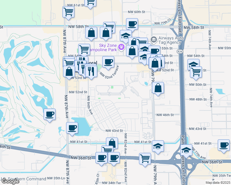 map of restaurants, bars, coffee shops, grocery stores, and more near 8353 Lake Drive in Miami