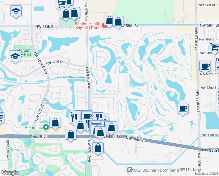map of restaurants, bars, coffee shops, grocery stores, and more near 4934 Northwest 94th Doral Place in Doral