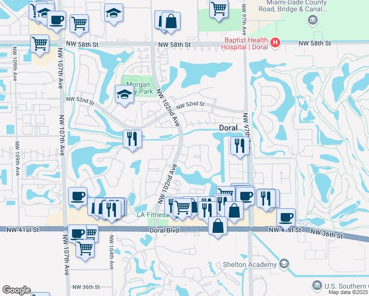 map of restaurants, bars, coffee shops, grocery stores, and more near 4900 Northwest 99th Place in Doral