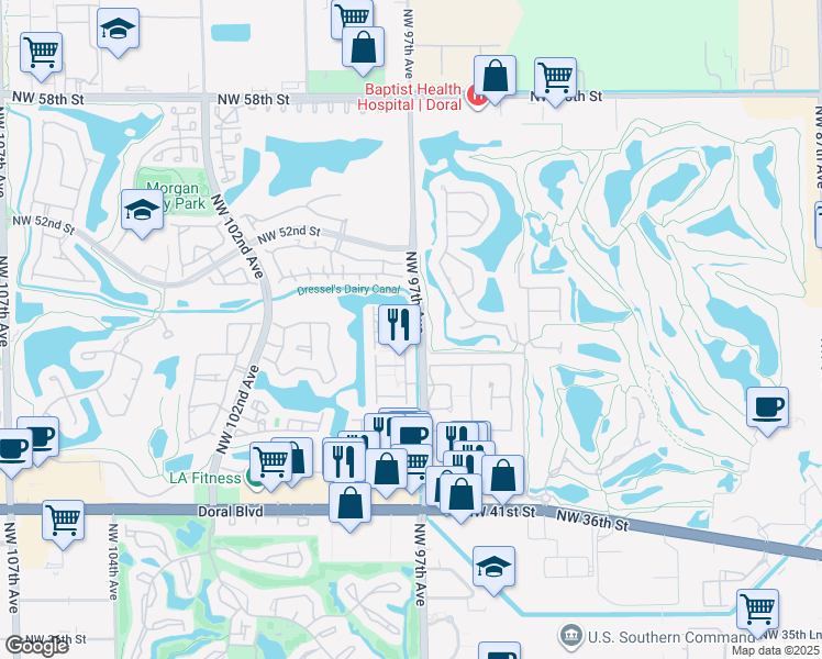 map of restaurants, bars, coffee shops, grocery stores, and more near 4873 Northwest 97th Court in Doral