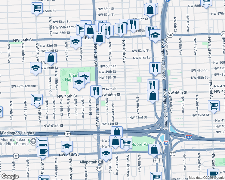 map of restaurants, bars, coffee shops, grocery stores, and more near 4631 Northwest 11th Avenue in Miami