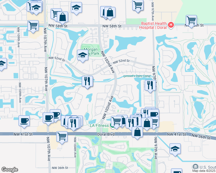 map of restaurants, bars, coffee shops, grocery stores, and more near 4970 Northwest 102nd Avenue in Doral