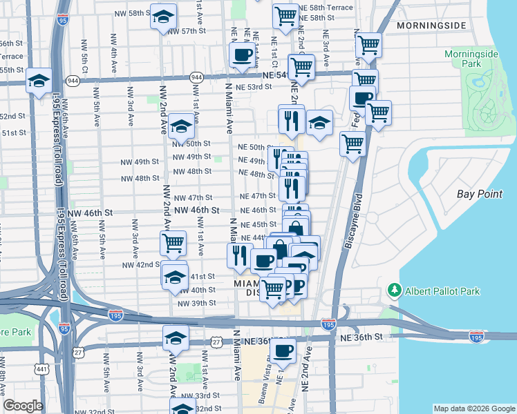 map of restaurants, bars, coffee shops, grocery stores, and more near 55 Northeast 46th Street in Miami