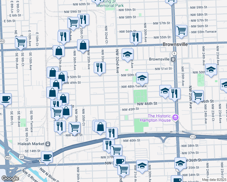 map of restaurants, bars, coffee shops, grocery stores, and more near 3255 Northwest 48th Street in Miami
