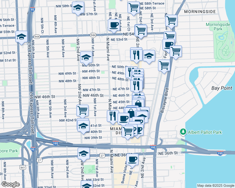 map of restaurants, bars, coffee shops, grocery stores, and more near 55 Northeast 46th Street in Miami