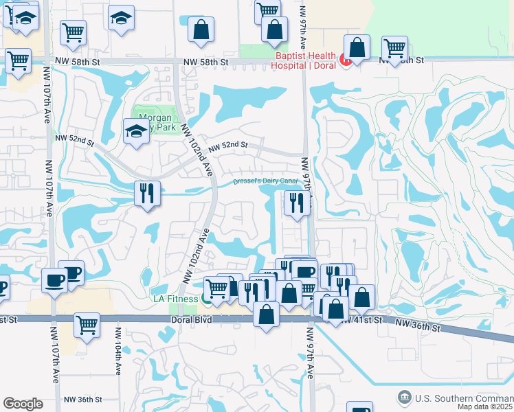 map of restaurants, bars, coffee shops, grocery stores, and more near 4835 Northwest 98th Place in Doral
