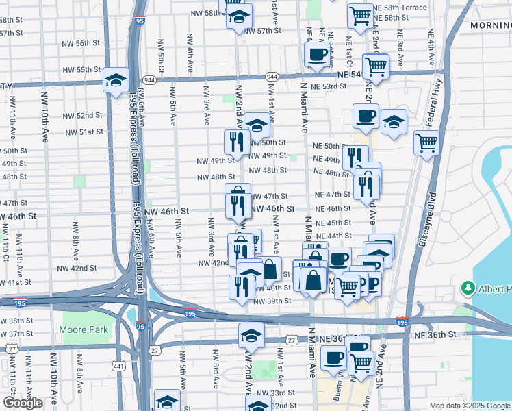 map of restaurants, bars, coffee shops, grocery stores, and more near 165 Northwest 46th Street in Miami