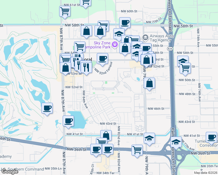 map of restaurants, bars, coffee shops, grocery stores, and more near 8255 Lake Drive in Doral