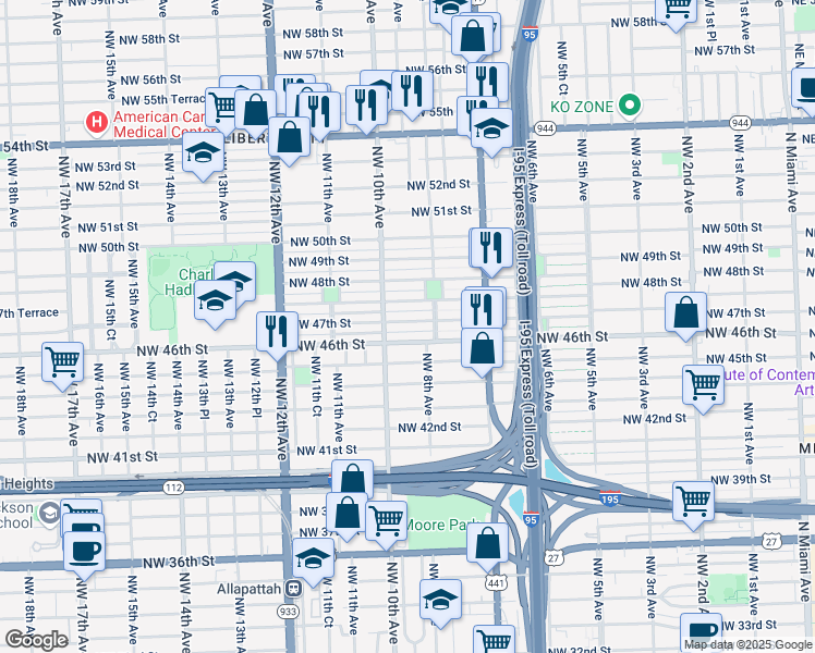 map of restaurants, bars, coffee shops, grocery stores, and more near 910 Northwest 47th Street in Miami