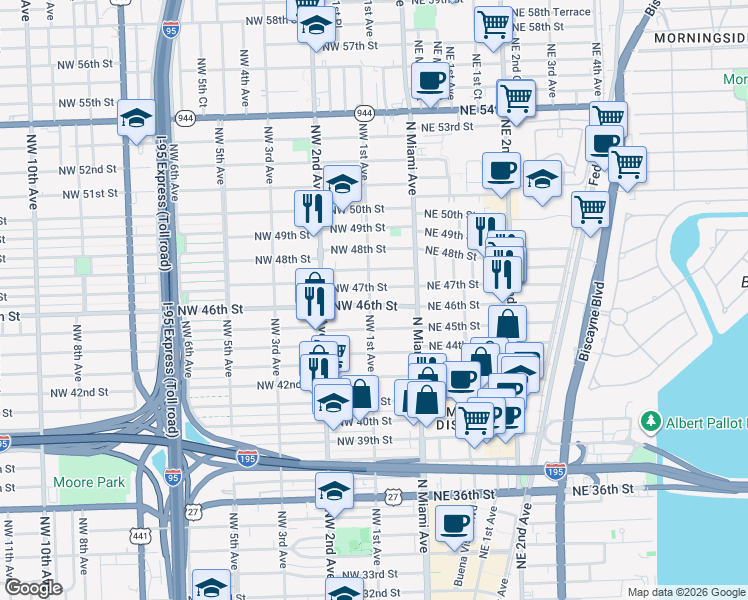 map of restaurants, bars, coffee shops, grocery stores, and more near 91 Northwest 46th Street in Miami