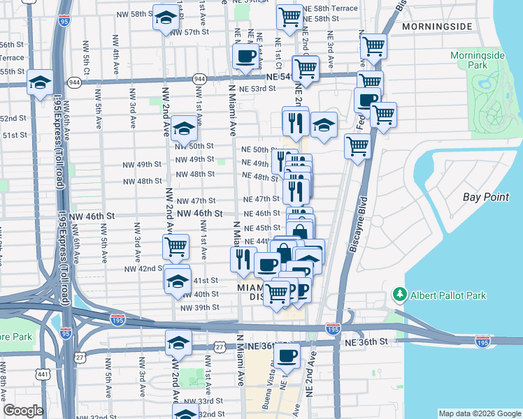 map of restaurants, bars, coffee shops, grocery stores, and more near 55 Northeast 46th Street in Miami