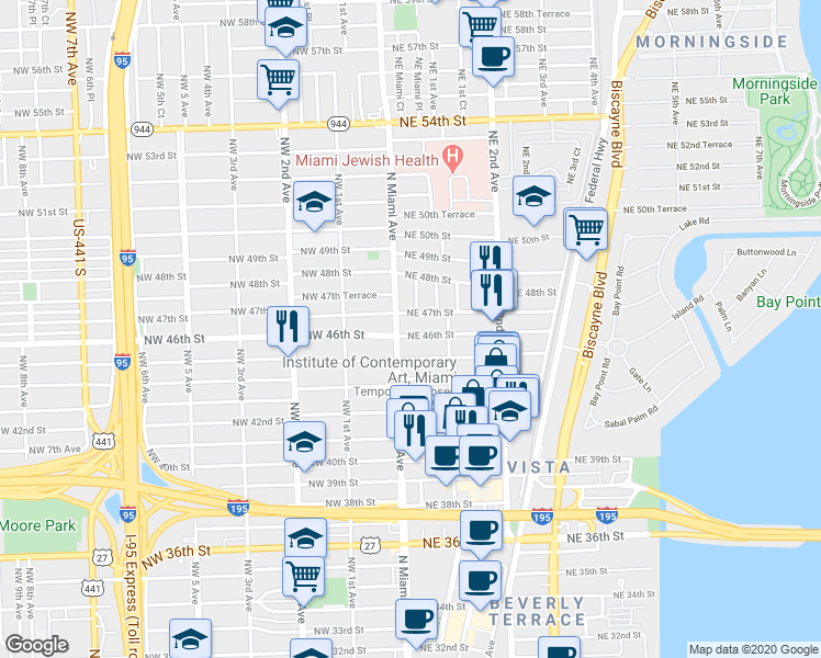 map of restaurants, bars, coffee shops, grocery stores, and more near 55 Northeast 46th Street in Miami